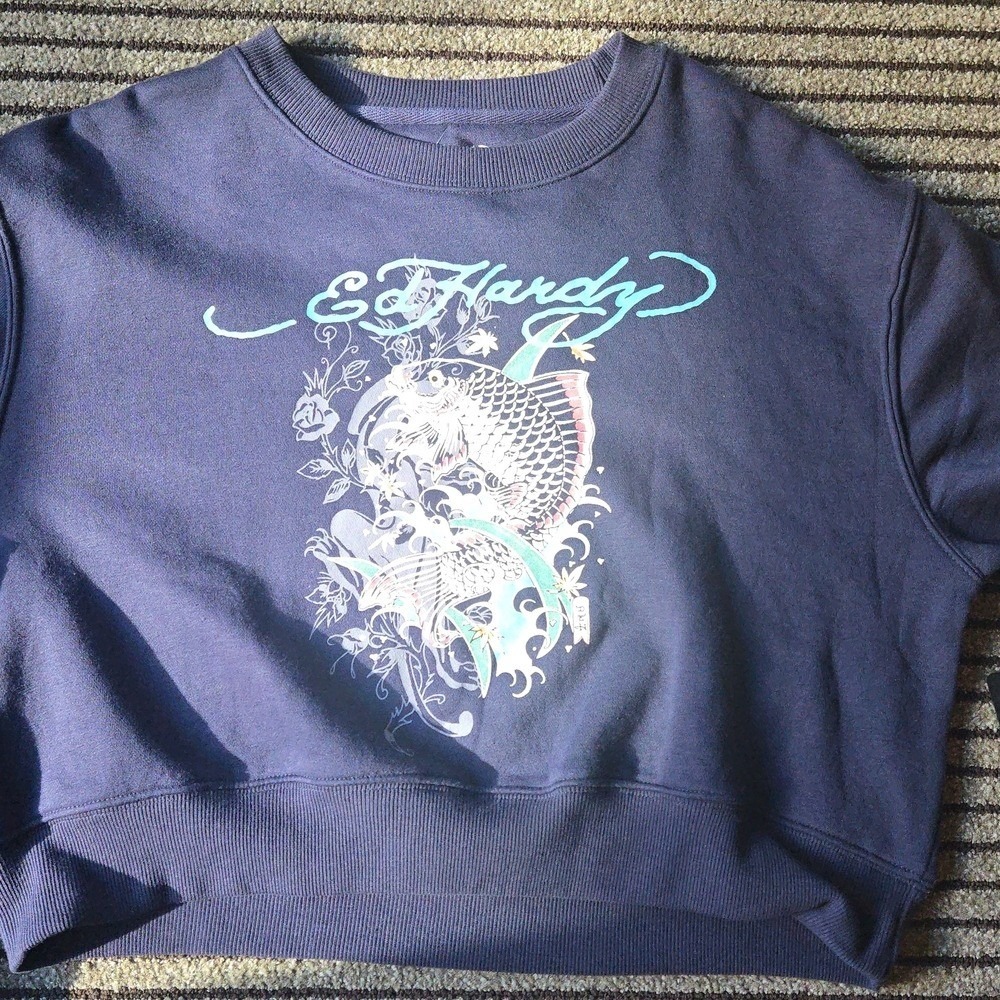 Ed Hardy Navy Eclipse Koi Fish Graphic Cropped Sweatshirt EHWR1415-1 Large NWT